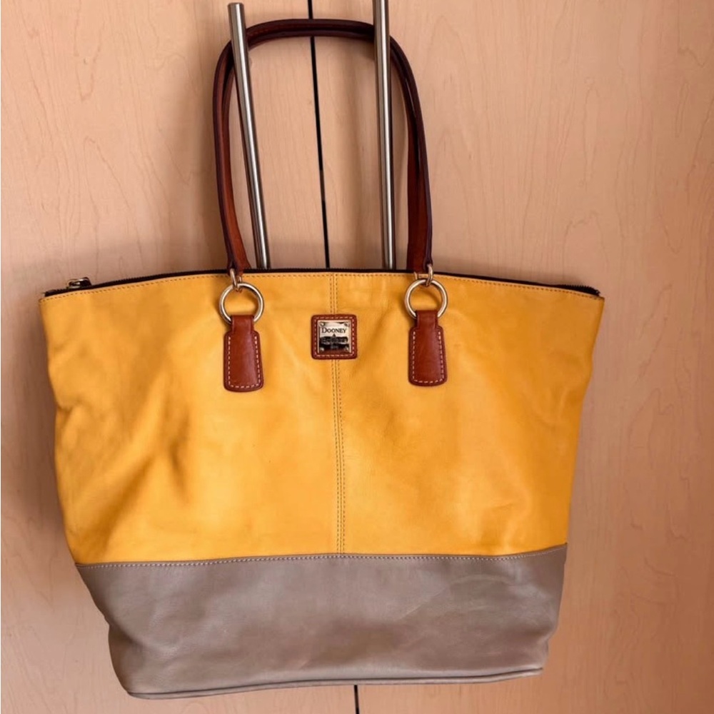 Dooney & Bourke Yellow and Taupe Two-Tone Leather Tote with Brown Handles